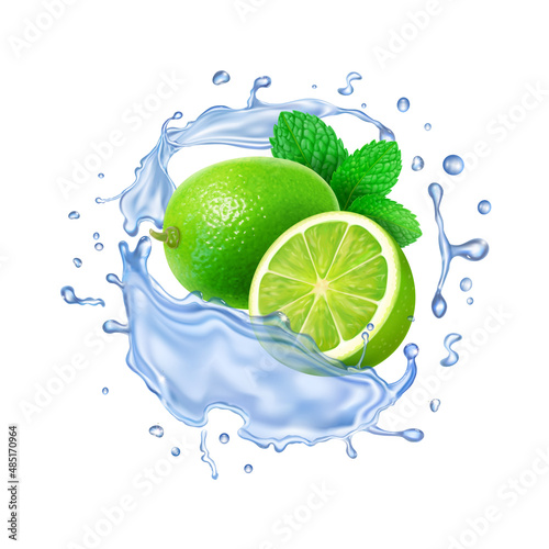 Realistic transparent splash mojito, mint leaves, water splash and lime fruit 3d vector