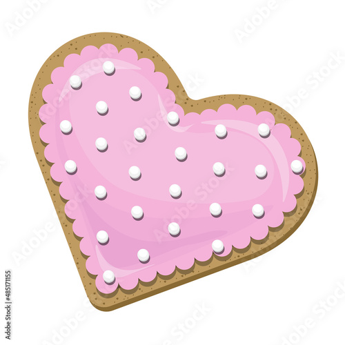 Vector top view of pink heart shaped cookie isolated on white.
