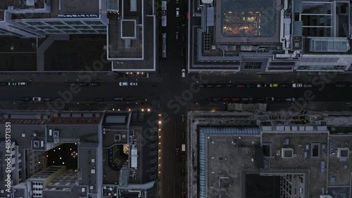 Aerial birds eye overhead top down view of various buildings along street. Town development near city centre. Berlin, Germany