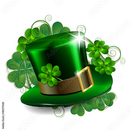 Green leprechaun hat with clover leaf isolated on white background.