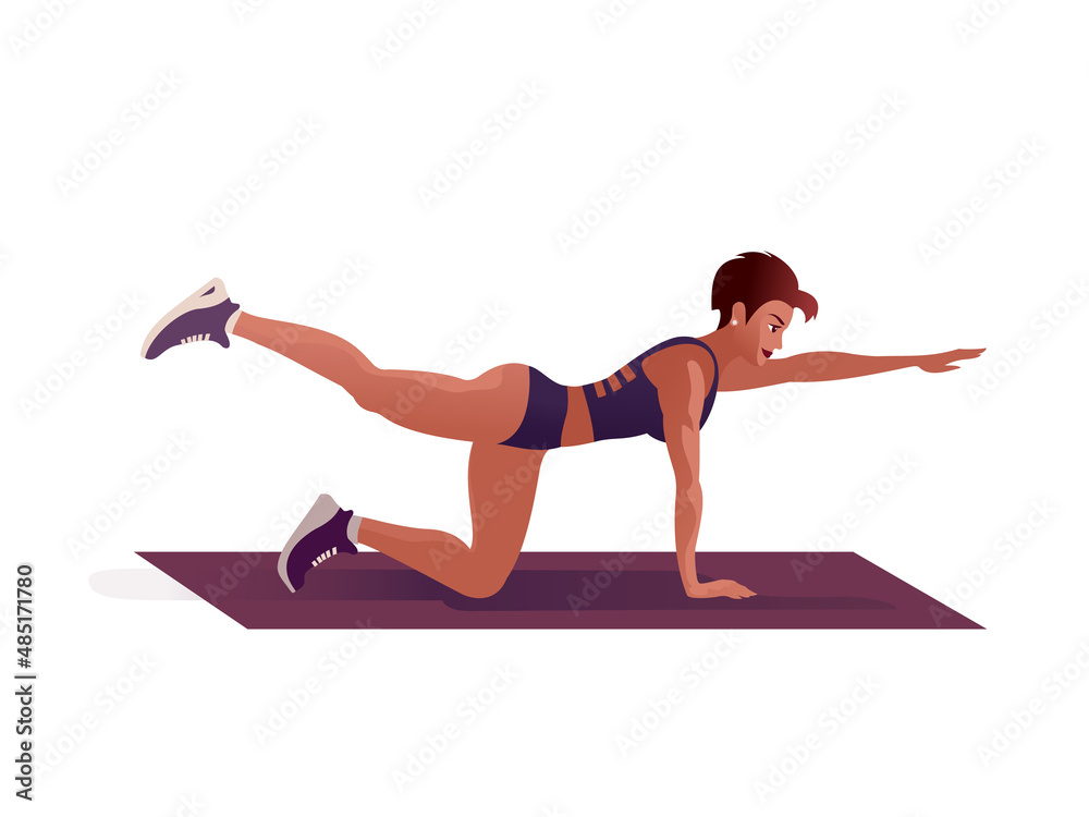 Short hair Girl is yoga pilates in the fitness gym. Isolated Vector illustration for landing page mockup flat design or advertising banner.