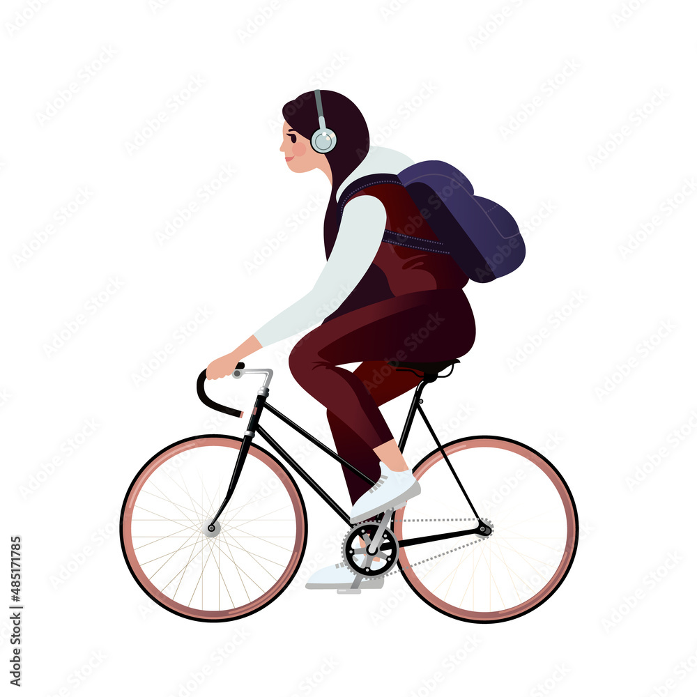 Girl in headphones with a backpack rides a bicycle. Isolated vector illustrations for advertising banner layout or flat design. Girl in headphones with a backpack rides a bicycle. Isolated vector illustrations for advertising banner layout or flat design.