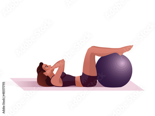 Girl with long hair workouts with Exercise Ball in a fitness gym. Isolated Vector illustration for landing page mockup flat design or advertising banner.