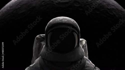 Astronaut with spacesuit standing in galaxy and moon background.3D rendering transition motion.