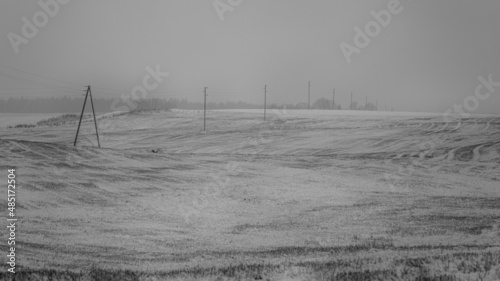 snow covered uneven agricultural field, electric poles and wires run trhough the field, minimalistic winter landscape