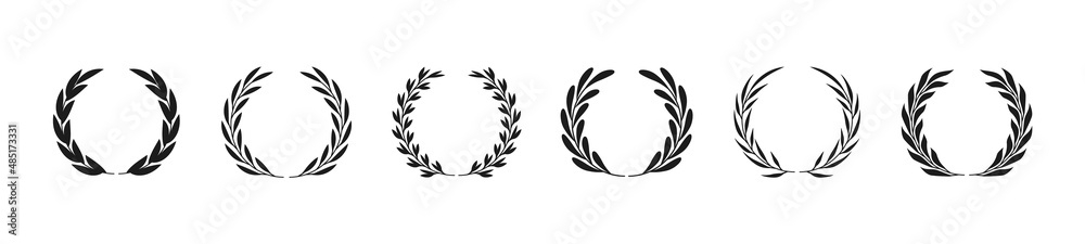 Set of black laurel wreaths. Laurel branches frames collection. Floral circular frames of leaves. Vintage decorative elements for awards, medals, achievement, emblem, premium quality, ornate and logo.