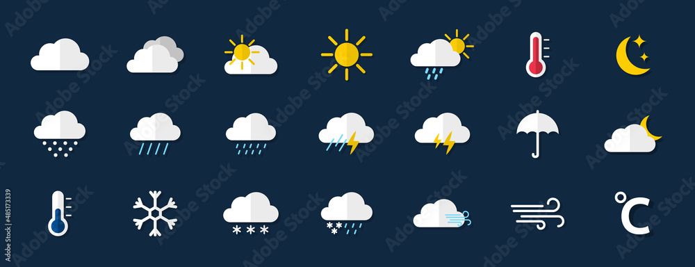 Weather icon set. Weather icons for web. Forecast weather flat symbols. Pictogram vector icons. - obrazy, fototapety, plakaty 