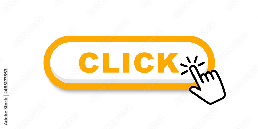 Click here button with clicking hand cursor. Click here button. Call to action button click. Modern web button. Vector illustration.