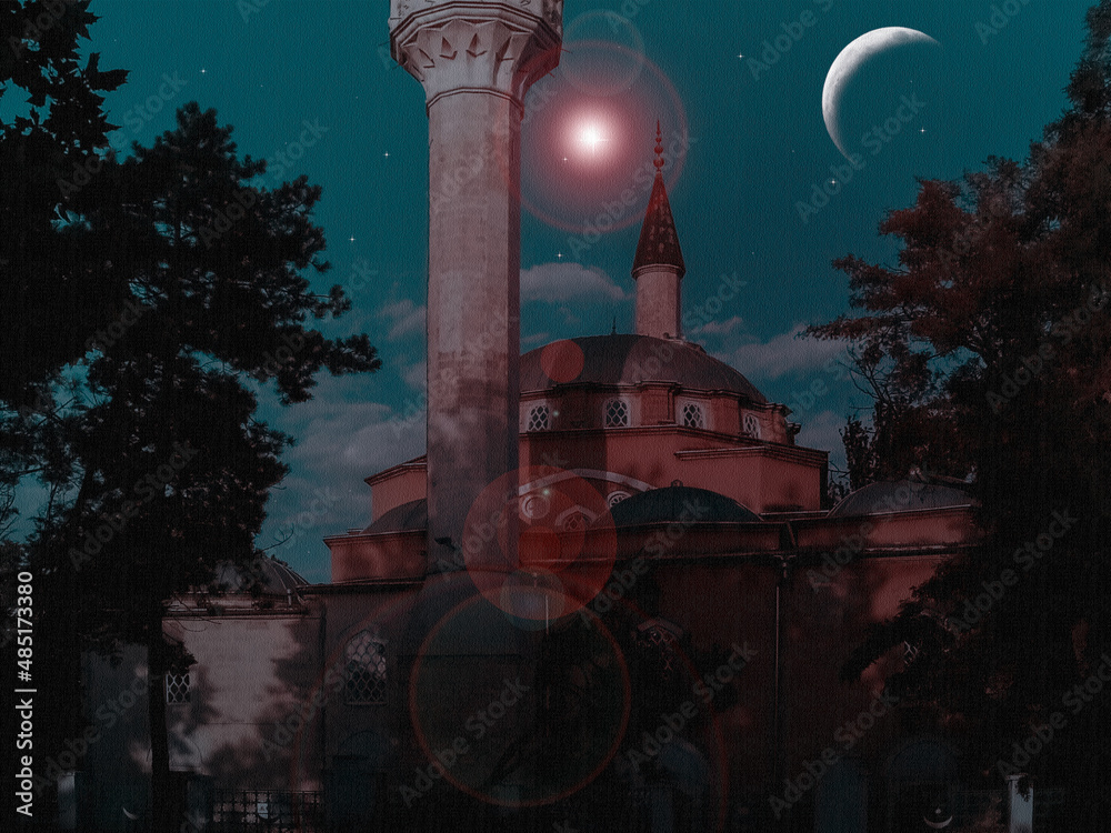 Mosque on the background of the crescent and sky