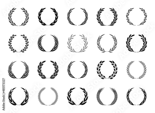 Set of black laurel wreaths. Laurel branches frames collection. Floral circular frames of leaves. Vintage decorative elements for awards, medals, achievement, emblem, premium quality, ornate and logo.