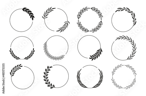 Set of laurel wreaths. Laurel frames branches collection. Hand drawn vintage floral circular frames of leaves. Design elements for greeting card, invitation, social media, blog, emblem and logo.