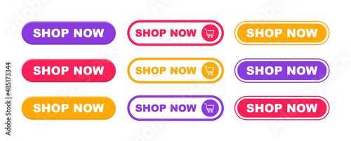 Shop now buttons. Set of shop now buttons with cart icon. Buy now button for online shop. Call for action buttons. Modern colorful buttons for website design. Vector illustration.