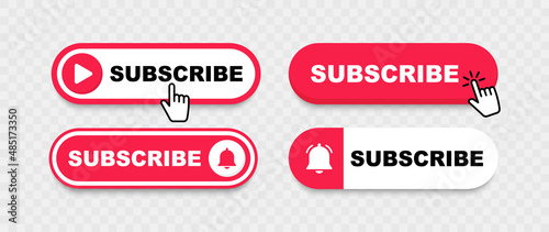 Subscribe button with bell and hand cursor. Subscribe to video channel. Buttons subscriptions for social media. Web buttons for promotion and marketing. Vector illustration.