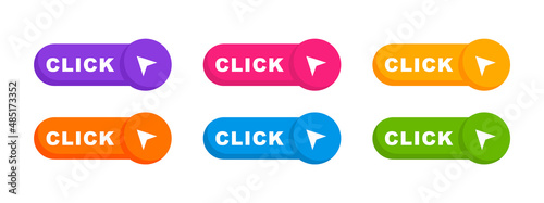 Click here buttons with arrow pointer. Click here button set. Call to action button click here. Modern web buttons. Vector illustration.