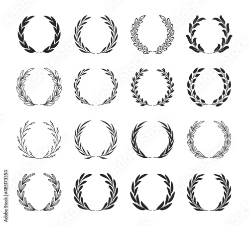 Set of black laurel wreaths. Laurel branches frames collection. Floral circular frames of leaves. Vintage decorative elements for awards, medals, achievement, emblem, premium quality, ornate and logo.
