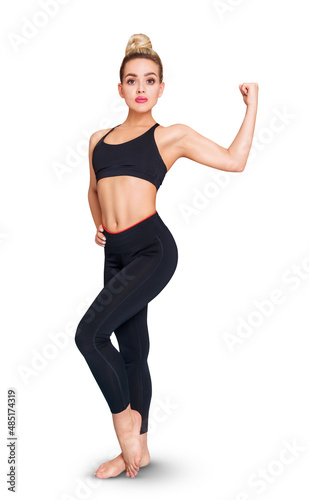 Beautiful fitness woman posing isolated on white background.