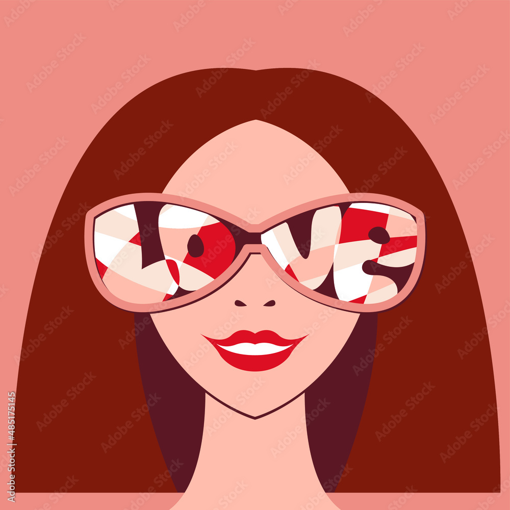 Vector illustration - portrait of a beautiful smiling woman with a square hairstyle and brown hair in large sunglasses and the inscription love close-up. Concept romance and Valentine's Day