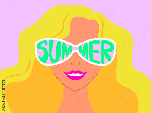 Vector illustration - the face of a beautiful blonde woman with curly waves and sunglasses with the inscription summer. Concept - seasonal vacation