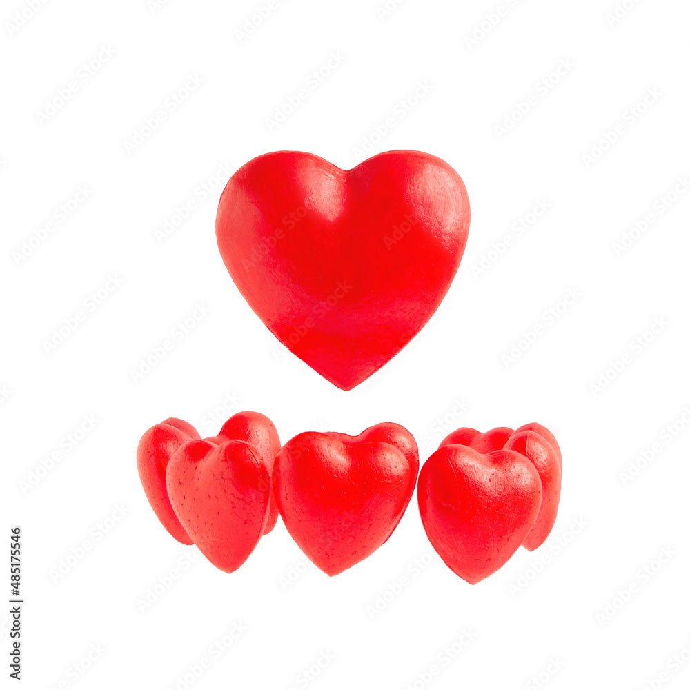 Red hearts floating on white backgrounds. a symbol of love, affection, anniversary. A minimal concept of happiness, fulfillment, togetherness. Valentine's Day.