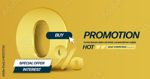 0% 3d gold text placed on golden background And on the front there is ribbon with text special offer and interest for advertising about the interest reduction,vector isolated for financial concept