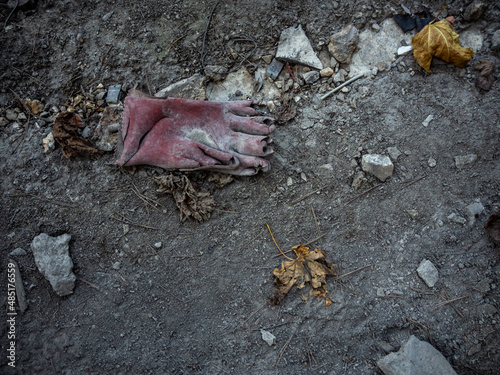 guante en mal estado en un suelo de tierra gris y hojas secas  photo