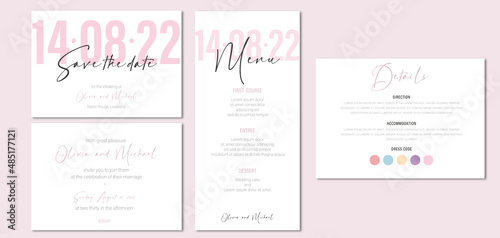 minimal pink wedding invitation / wedding menu / dress code / template set /marriage