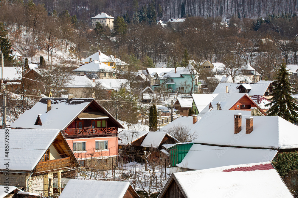 roofs of houses in the village in winter