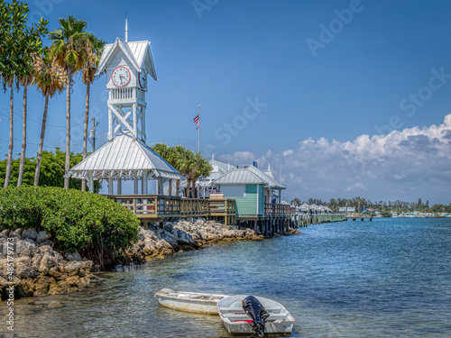 Bradenton beach city pier on Anna Maria Island in Florida on the water with boats photo