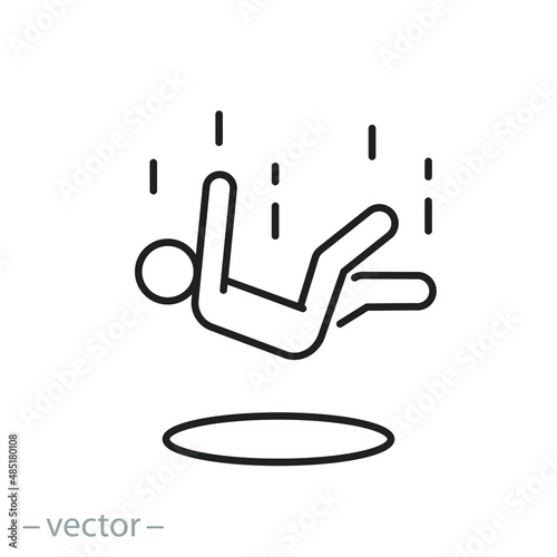 falling down man icon, silhouette of a person flying in the abyss, hole or trap for people, fail or crisis, thin line symbol on white background - editable stroke vector illustration