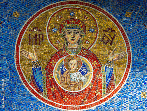 A mosaic fresco representing the mother of Jesus with the baby at the Tiganesti monastery - Romania