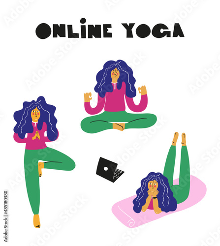 Stay home concept. Hand drawn illustration. Online yoga set. Girl watching online classes on laptop, practicing yoga and meditation.