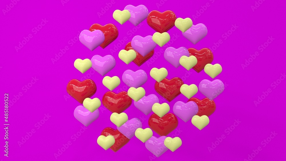 Congratulations on Valentine's Day. Red, pink and yellow hearts on a pink background. 3D rendering.