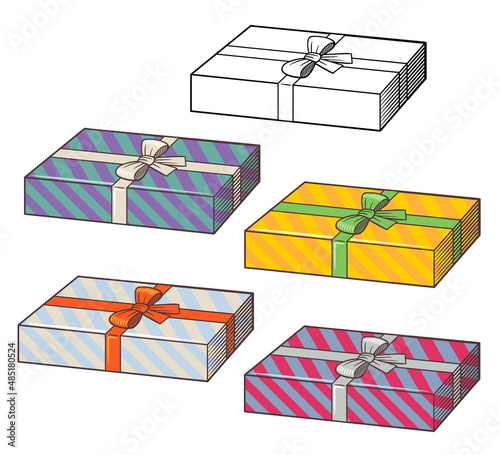 Set of big rectangle gift boxes. Black and white version and version in different colors. Retro style vector illustration