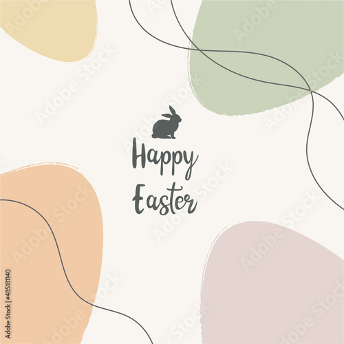 Happy easter. Trendy square abstract Easter template. With typography, Easter bunny, eggs, pastel colors. Suitable for social media posts and postcards. Vector illustration.