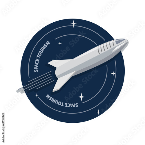 Space tourism, travel. Vector spaceship on a circle background for sticker, label. Emblem design concept for travel agency business project. Vector illustration