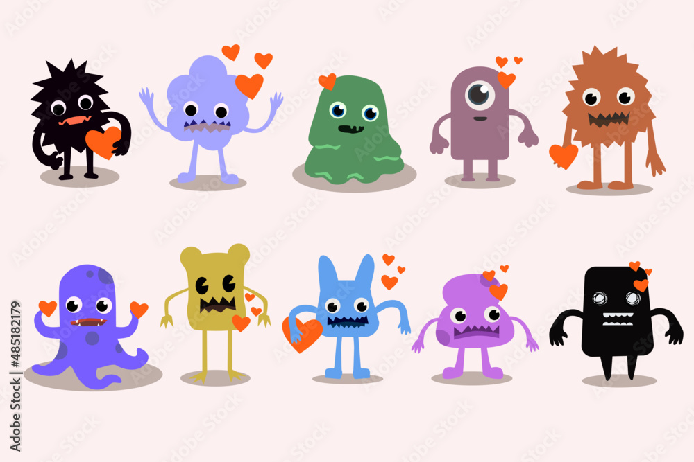 Obraz premium love monsters collection - set of cute monsters with valentines hearts