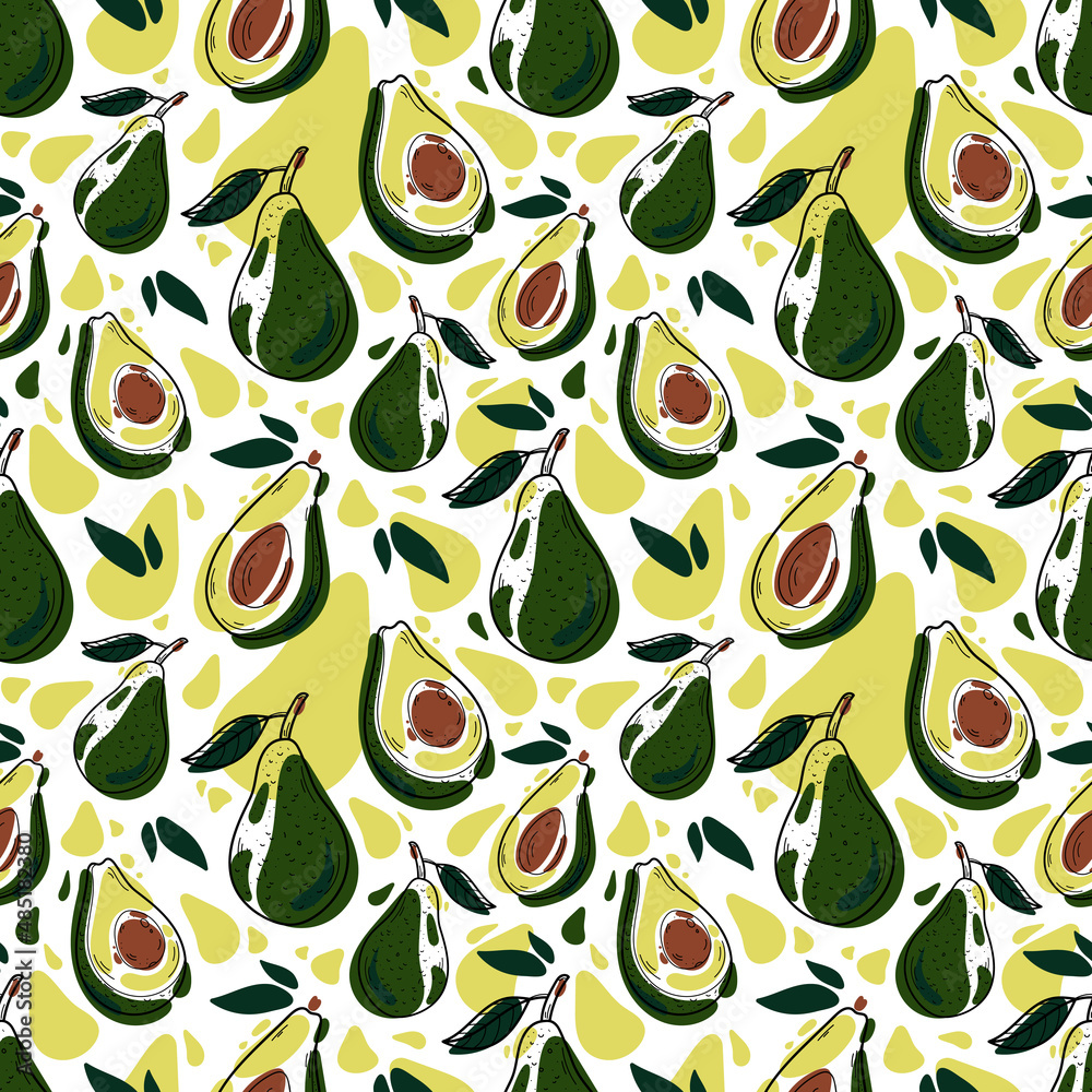 Avocado seamless pattern. Hand drawn colorful doodle background for kitchen wallpaper, textile, fabric, menu design isolated on white background Avocado seamless pattern. Hand drawn colorful doodle background for kitchen wallpaper, textile, fabric, menu design isolated on white background