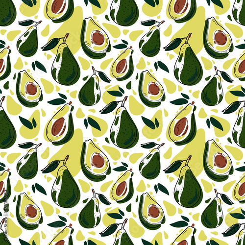 Avocado seamless pattern. Hand drawn colorful doodle background for kitchen wallpaper, textile, fabric, menu design isolated on white background