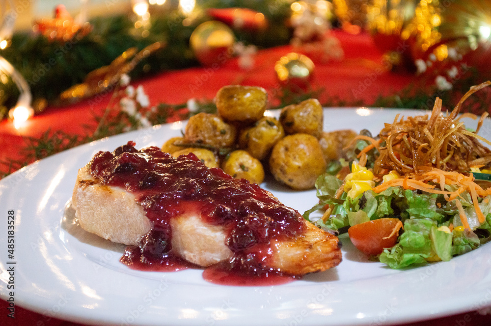 christmas dinner with chicken, potatoes and salad christmas dinner with chicken, potatoes and salad
