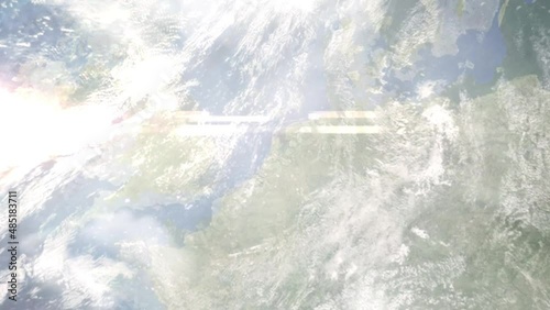 Earth zoom in from outer space to city. Zooming on Netherlands, Amsterdam. The animation continues by zoom out through clouds and atmosphere into space. View of the Earth at night. Images from NASA