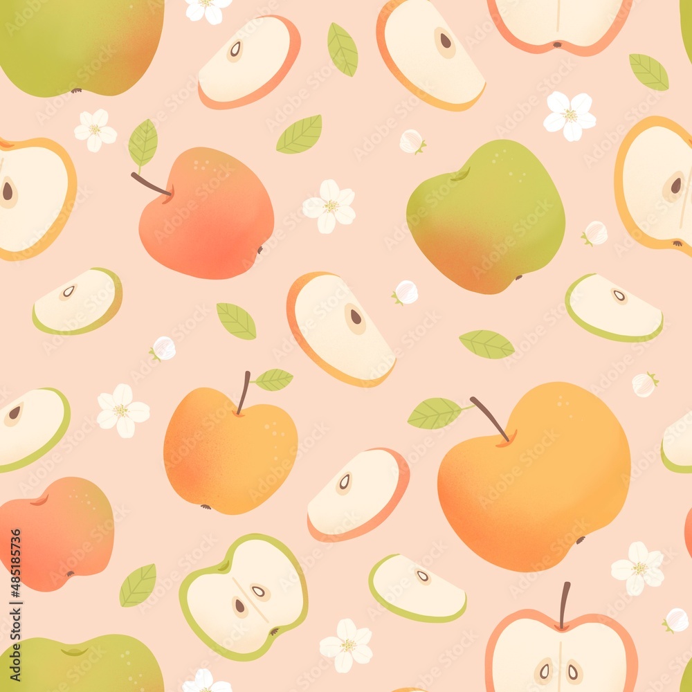 Seamless pattern with apple, half apple, blossom