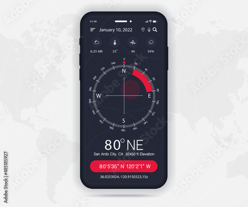 Compass app UI UX GUI concept, Map GPS app on screen  smartphone navigation, Phone interface, application compass for navigator, app map, North West South East navigate technology, Vector illustration