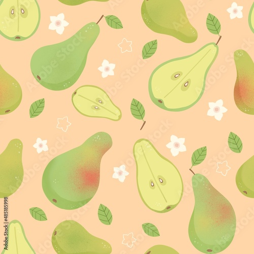 Seamless pattern with pear, half pear, leaves