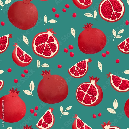 Seamless pattern with pomegranat, red, green, blue