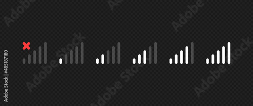 Set with mobile network level for mobile device. Mobile or internet level icons isolated on dark background. Vector EPS 10