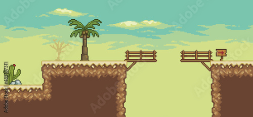 Pixel art desert game scene with  palm tree, bridge, cactuses, direction board 8bit background