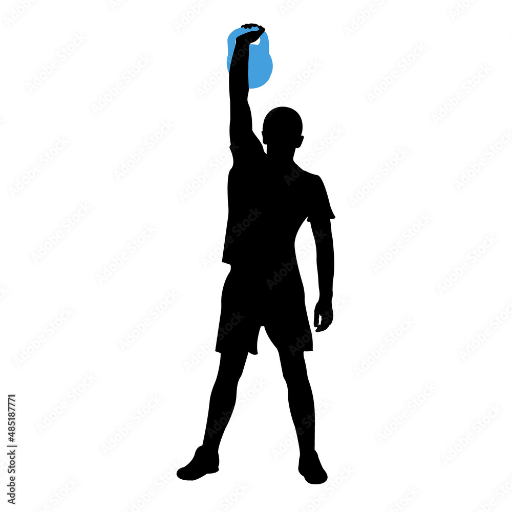 Outline of the silhouette of the body of an athlete-weightlifter in a standing position with a kettlebell. Doing sports in the gym. Weight-lifting. Flat style. Isolated vector illustration.