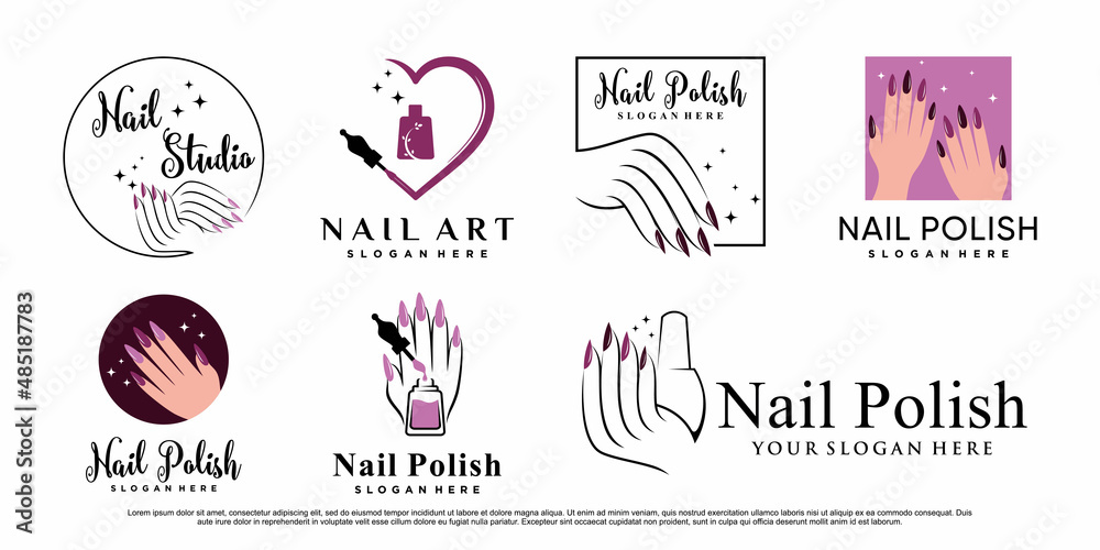 Set of nail polish logo design manicure with creative element Premium Vector