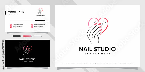 Nail studio logo with heart concept and business card design Premium Vector