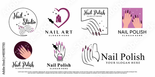 Set of nail polish logo design manicure with creative element Premium Vector